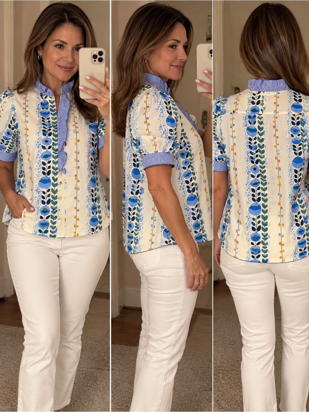 JODIFL Cream Floral Stripe Short-Sleeve Blouse with Blue Trim